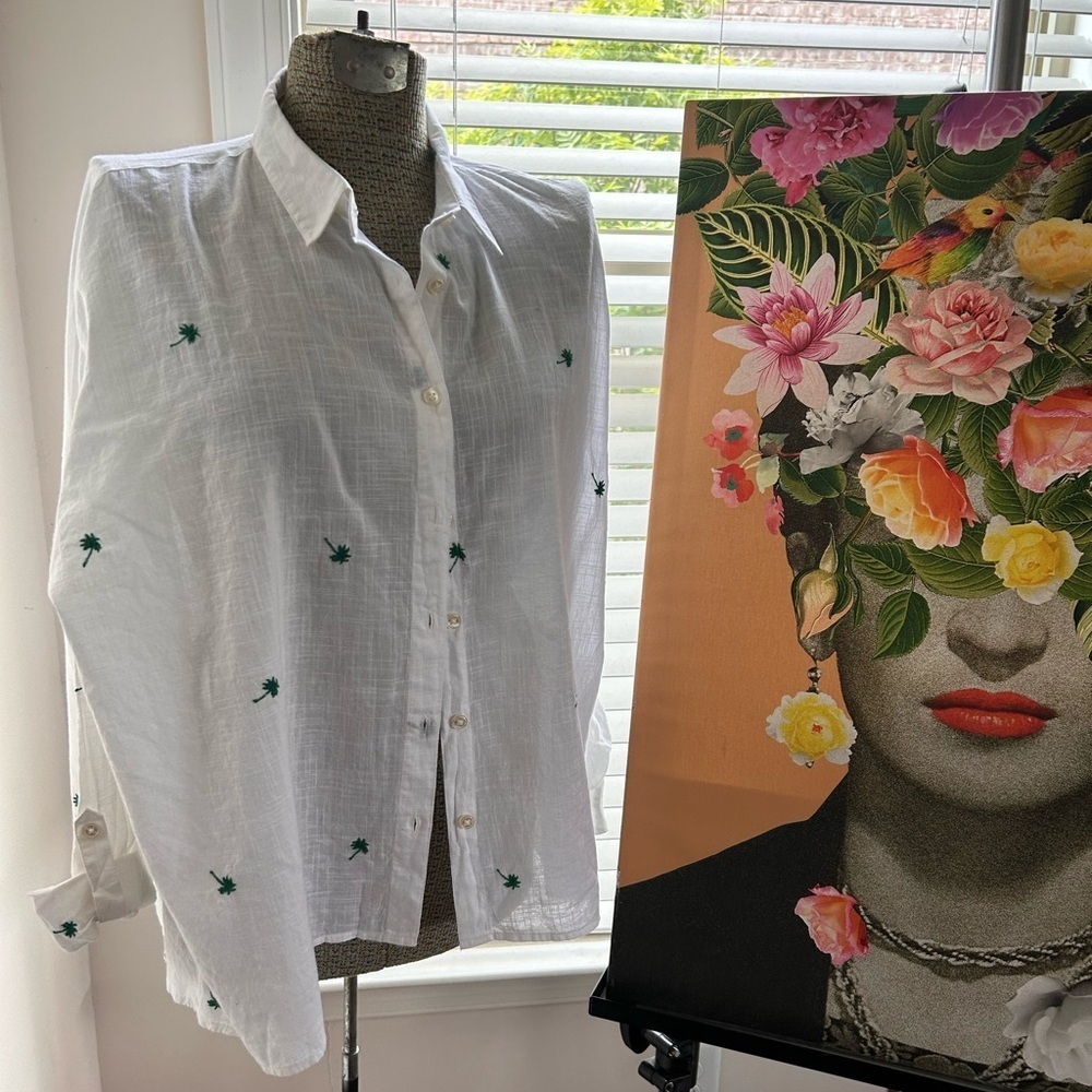 Forever 21 White Button-Up Shirt with Green Embroidery